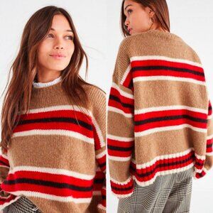 🦋 URBAN OUTFITTERS Brown Red Oversized Striped Boyfriend Sweater Wool Blend